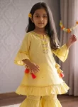 Girls Pastel Yellow Embroidered Peplum Kurti with Sharara Set